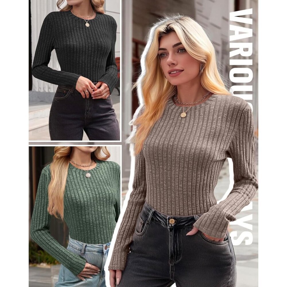 Women's Ribbed Sweater Tops 3 Pack Fitted Long Sleeve Crew Neck Thermal - Picture 5 of 5